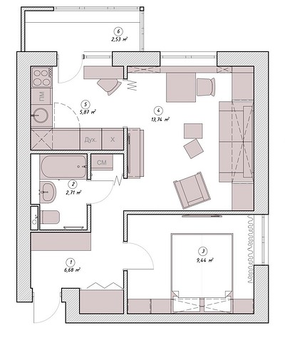 Современный интерьер маленькой двухкомнатной квартиры в типовом доме